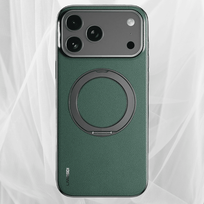 Leather MagSafe iPhone Case with 360° Rotating Ring Stand & Metallic Frame for iPhone 17, 16, 15, 14 Pro Max Plus Air
