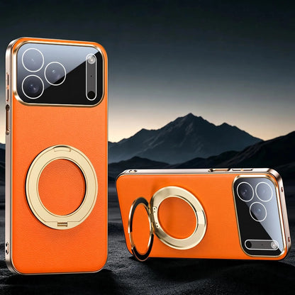 Leather MagSafe iPhone Case with 360° Rotating Ring Stand & Metallic Frame for iPhone 17, 16, 15, 14 Pro Max Plus Air