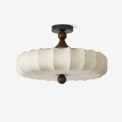 Flush Mount Wood Ceiling Light with Scalloped Fabric Shade 18×12 in LED Fixture for Dining Room Bedroom Entryway Black Walnut Finish Modern