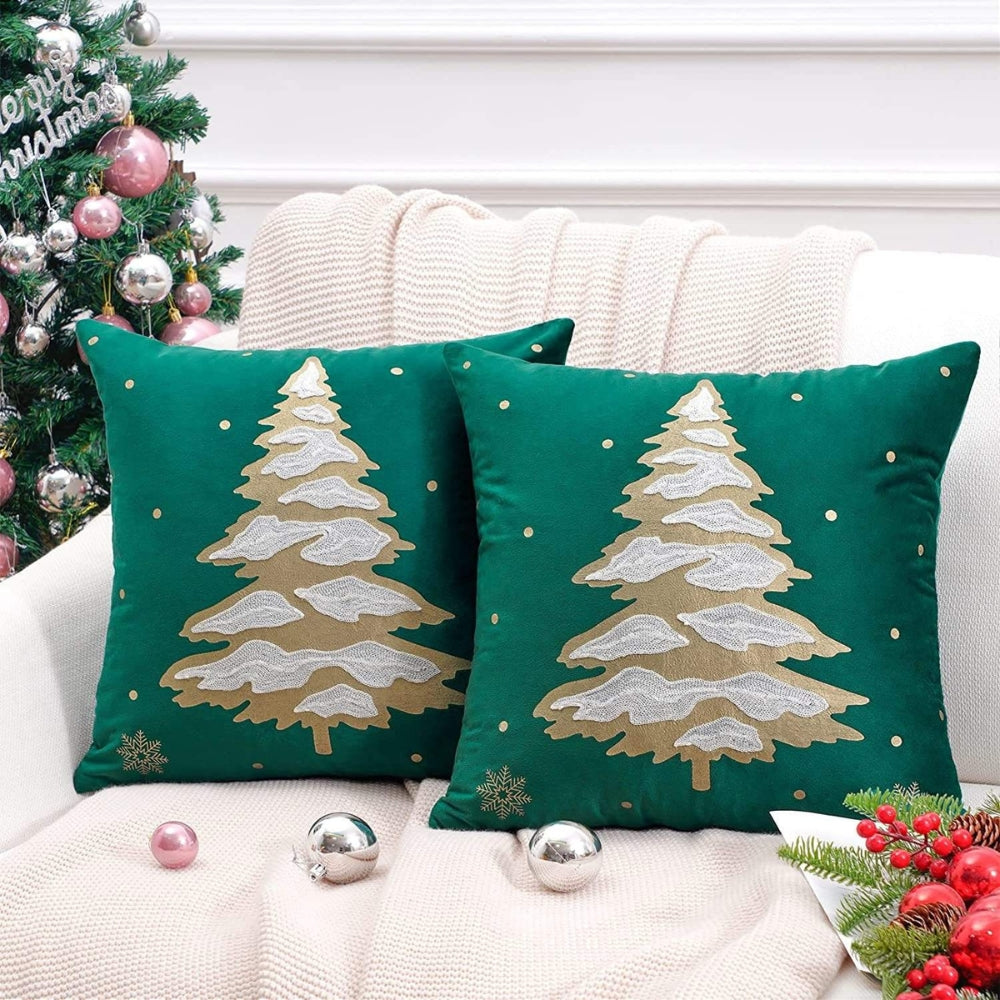 Velora Cushion Cover - Velvet, Embroidered Christmas Tree Design
