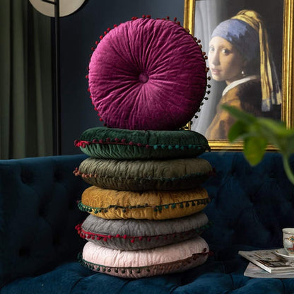 Vesper Round Cushion - Vintage Quilted Velvet, Decorative Pom-Pom Trim
