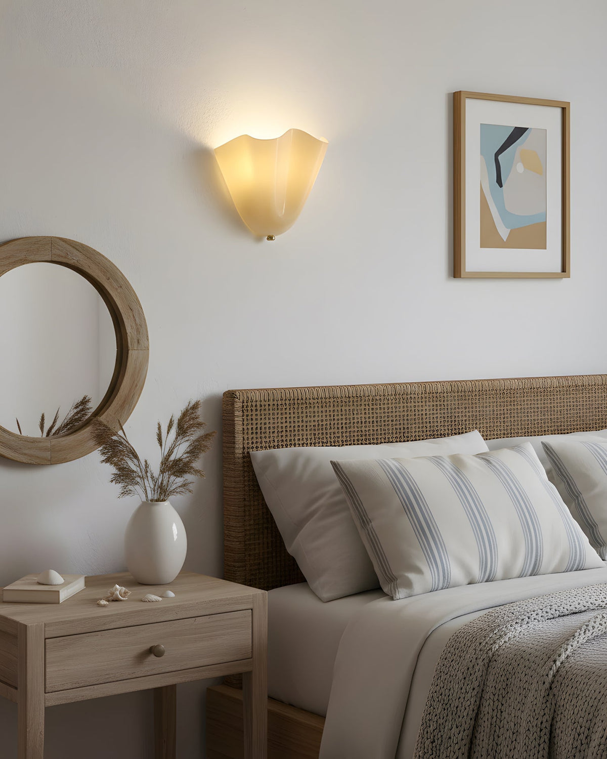 Hand-Blown Glass Wall Sconce 11 in Wide Petal Shade Lighting Fixture Bedroom Hallway Ambient Light E26 Base 110-120V Dual Bulb Decorative Mo