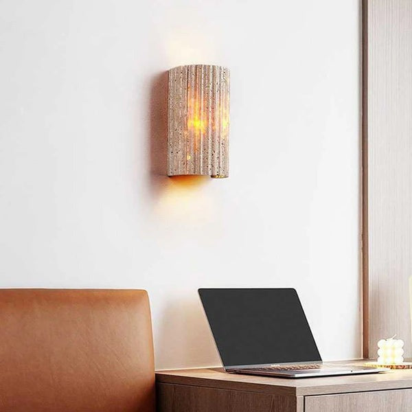 Stone Textured Half-Cylinder LED Indoor Sconce – Travertine Wall Fixture for Bedroom Hallway Living Room – Hardwired E27 Socket 9W Warm Glow