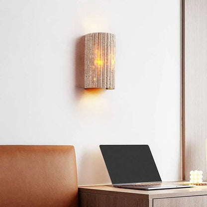 Stone Textured Half-Cylinder LED Indoor Sconce – Travertine Wall Fixture for Bedroom Hallway Living Room – Hardwired E27 Socket 9W Warm Glow