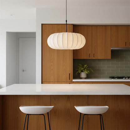 Fabric Drum Shade Hanging Lamp 20-Inch Diameter Height-Adjustable Drop Light for Dining Table Kitchen Counter Island White Black Finish Mode