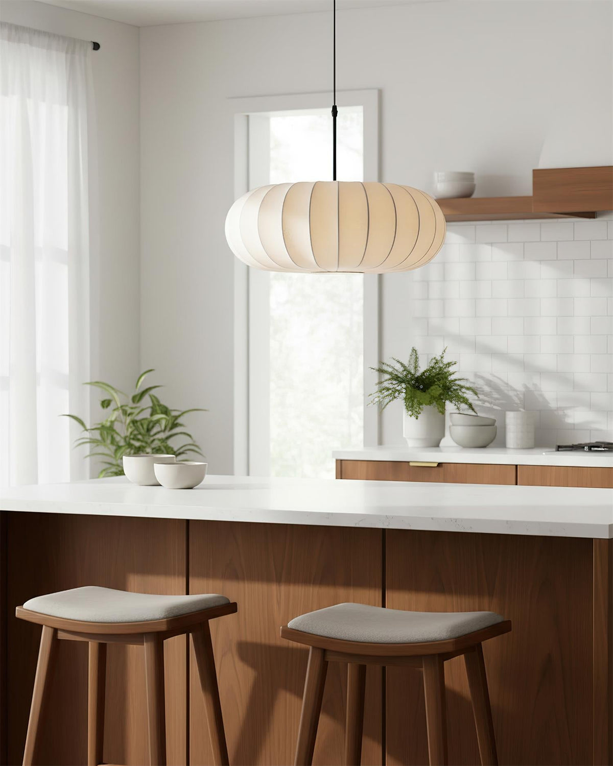 Fabric Drum Shade Hanging Lamp 20-Inch Diameter Height-Adjustable Drop Light for Dining Table Kitchen Counter Island White Black Finish Mode