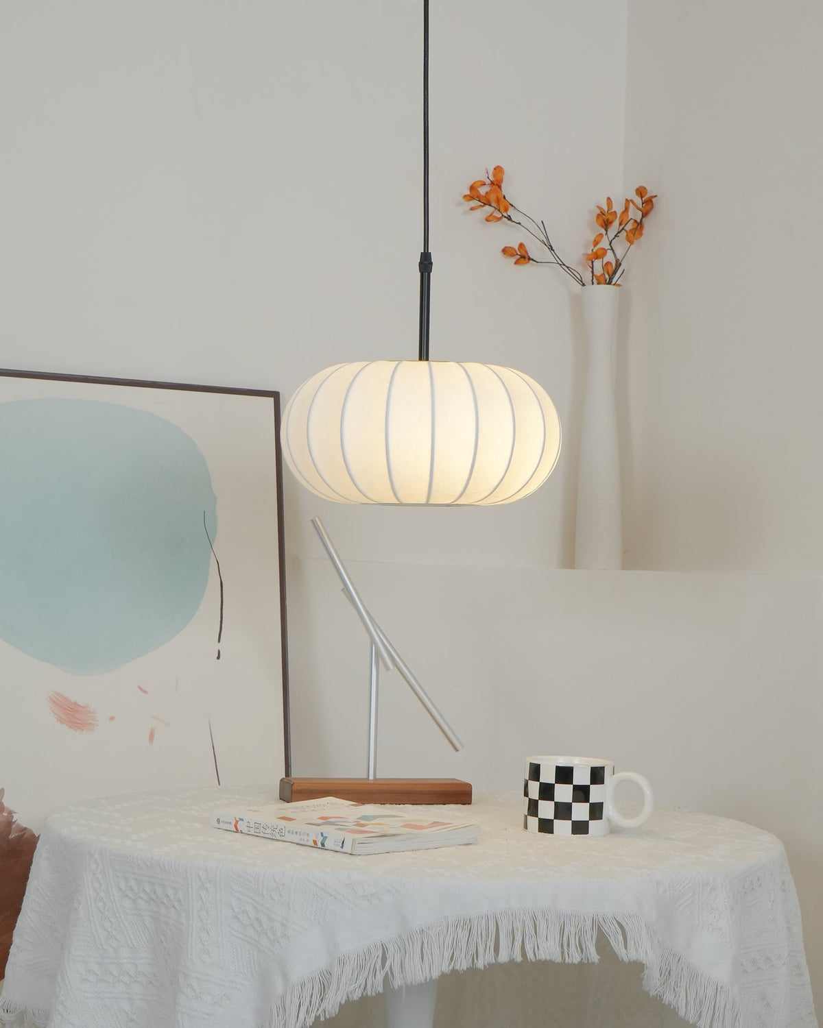Fabric Drum Shade Hanging Lamp 20-Inch Diameter Height-Adjustable Drop Light for Dining Table Kitchen Counter Island White Black Finish Mode