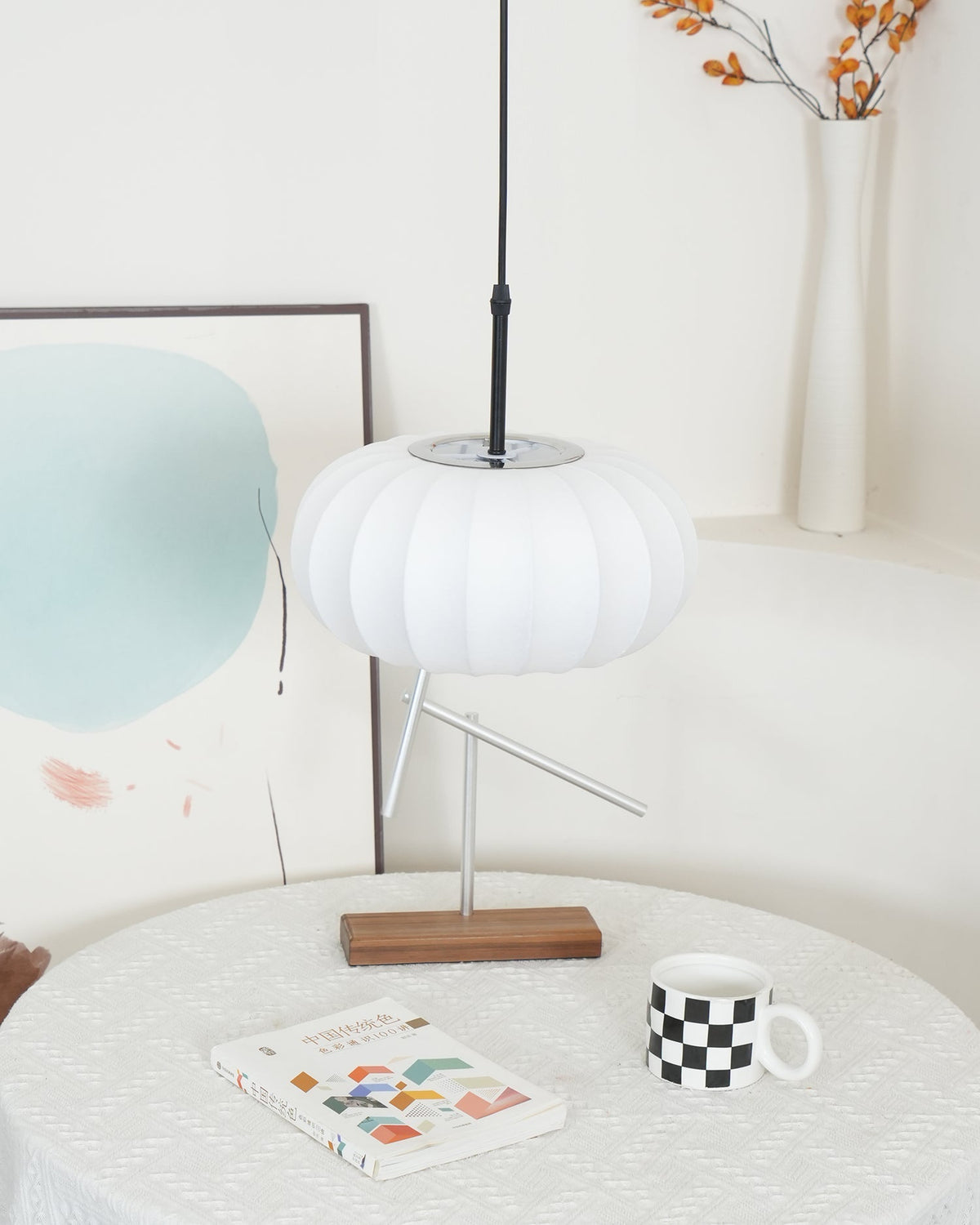 Fabric Drum Shade Hanging Lamp 20-Inch Diameter Height-Adjustable Drop Light for Dining Table Kitchen Counter Island White Black Finish Mode