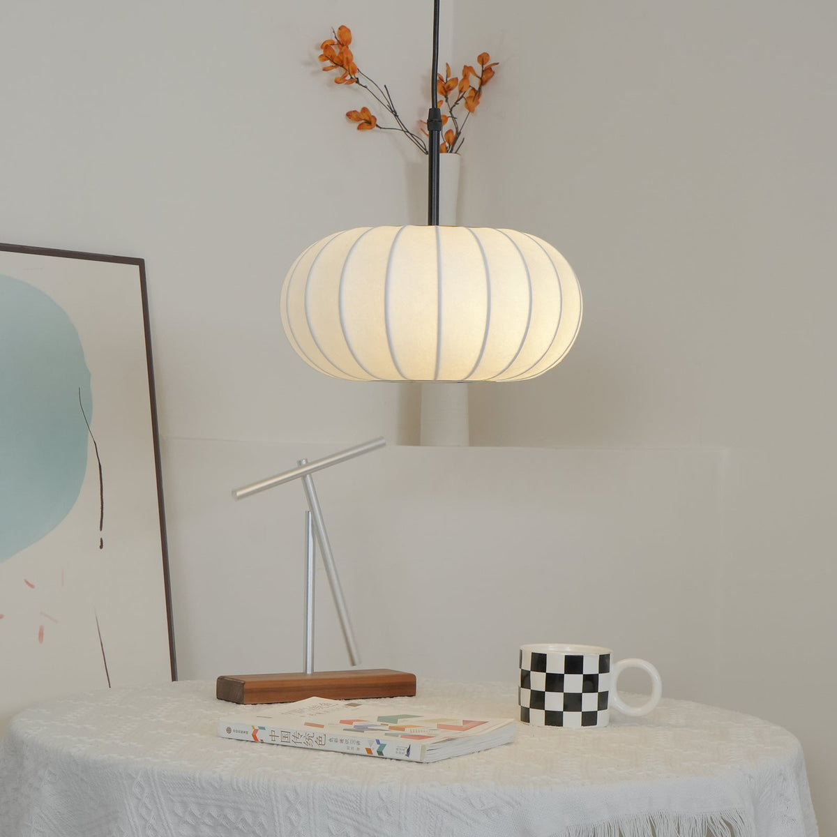 Fabric Drum Shade Hanging Lamp 20-Inch Diameter Height-Adjustable Drop Light for Dining Table Kitchen Counter Island White Black Finish Mode