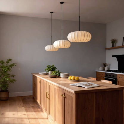 Hanging Silk Ceiling Fixture with Organic Shape for Dining Rooms & Living Spaces – Dimmable LED Compatible in 12, 16, or 20 Inch Sizes