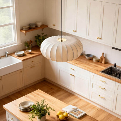 Hanging Silk Ceiling Fixture with Organic Shape for Dining Rooms & Living Spaces – Dimmable LED Compatible in 12, 16, or 20 Inch Sizes