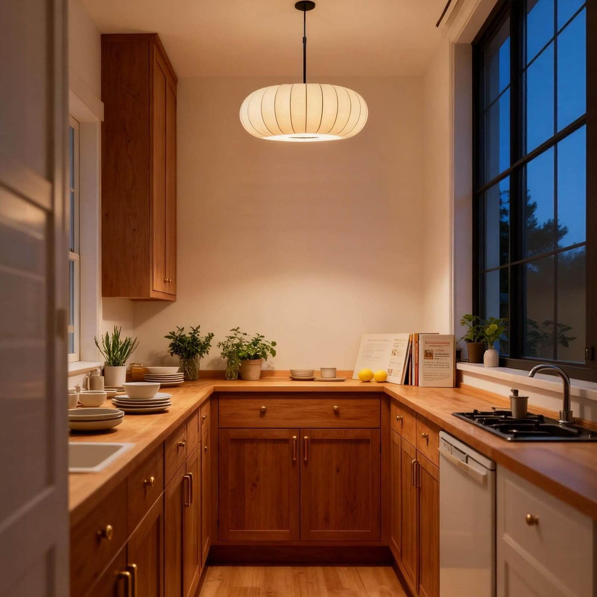 Hanging Silk Ceiling Fixture with Organic Shape for Dining Rooms & Living Spaces – Dimmable LED Compatible in 12, 16, or 20 Inch Sizes