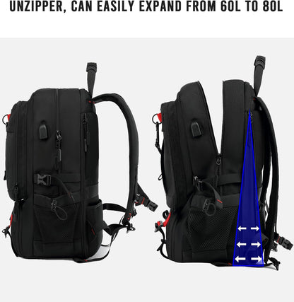 Versatile 60L Waterproof Laptop Backpack with USB Port & Shoe Compartment | Expandable Design for Ultimate Travel Convenience