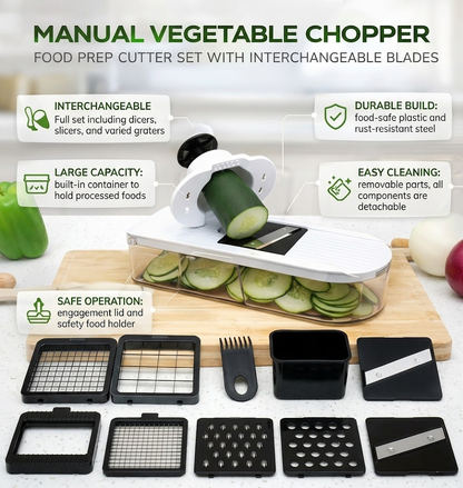 Versatile Kitchen Cutter | Manual Vegetable Chopper Set with 7 Blades | Efficient Food Prep Tool for Quick Meal Preparation