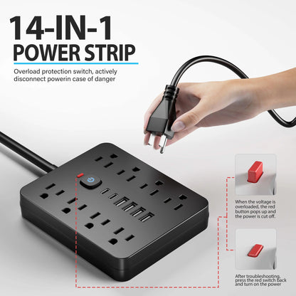Power Strip with Surge Protector, 8 AC Outlets and 4 USB Ports, Flat Plug Power Strip with Extension Cord for Office