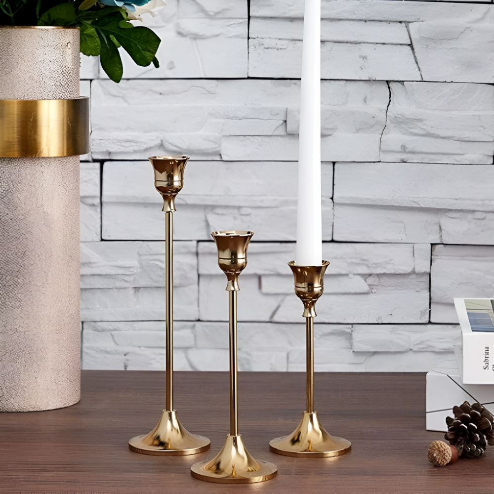 Vesper Candle Holder Set - Gold Metal, Vintage Style Taper Candle Holders, 3 Pieces