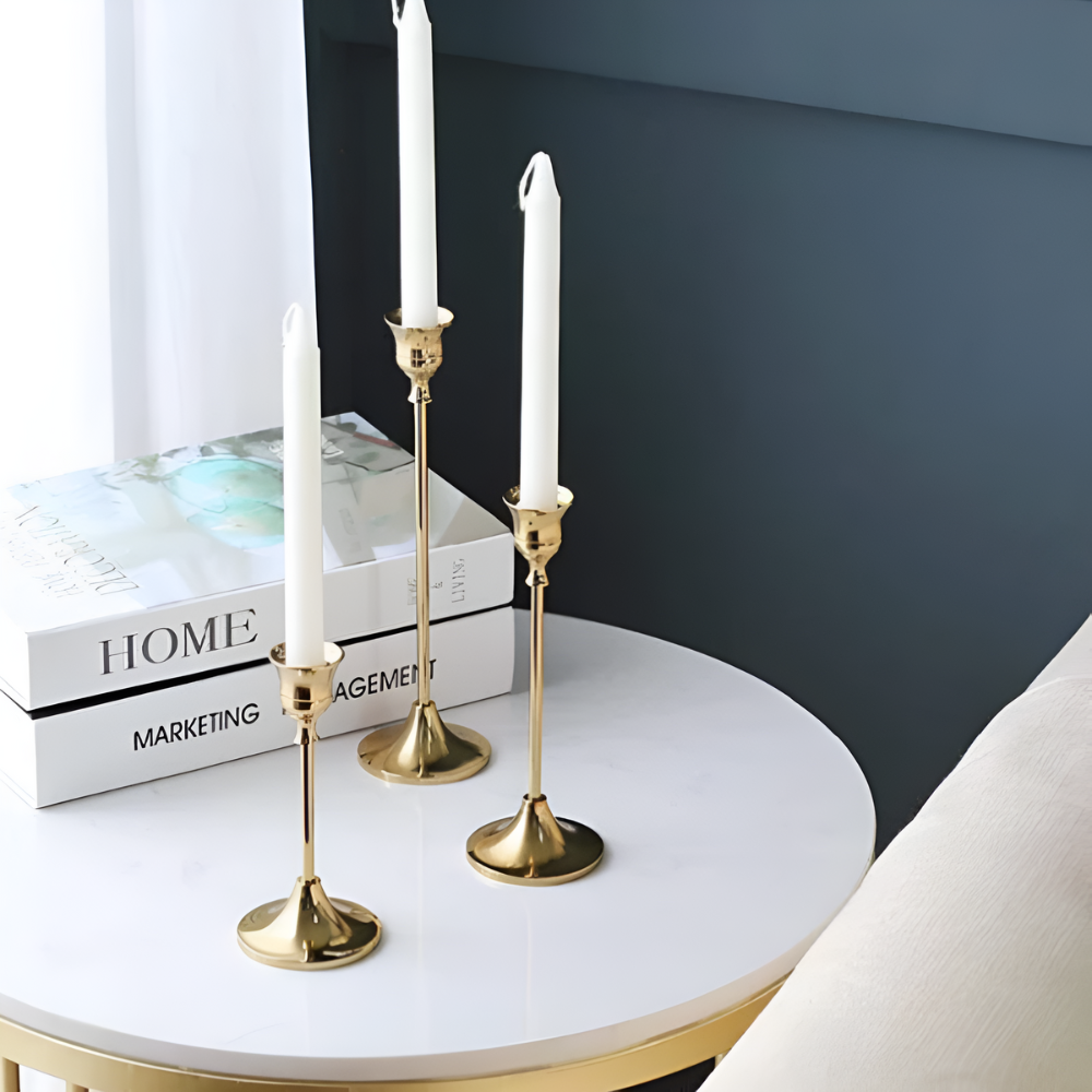 Vesper Candle Holder Set - Gold Metal, Vintage Style Taper Candle Holders, 3 Pieces
