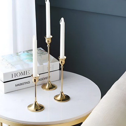 Vesper Candle Holder Set - Gold Metal, Vintage Style Taper Candle Holders, 3 Pieces
