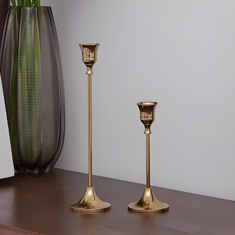 Vesper Candle Holder Set - Gold Metal, Vintage Style Taper Candle Holders, 3 Pieces