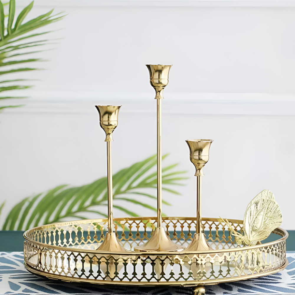 Vesper Candle Holder Set - Gold Metal, Vintage Style Taper Candle Holders, 3 Pieces