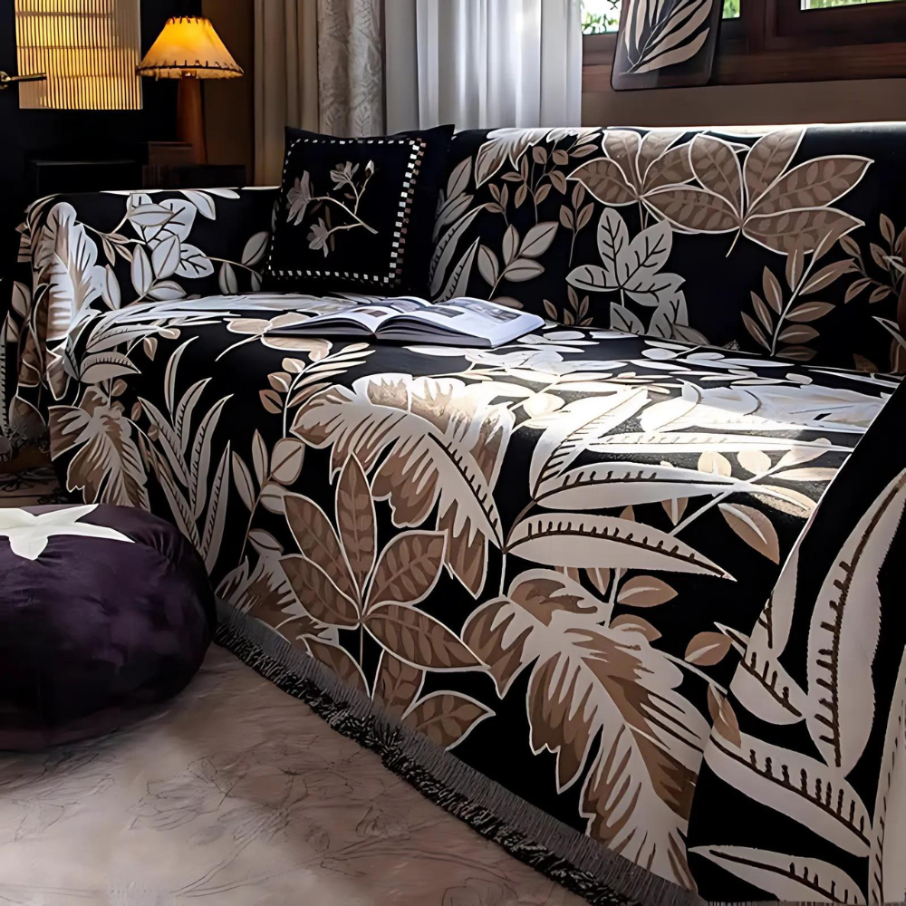 Vibrant Chenille Sofa Cover - Soft Fabric, Jungle Style with Tassels