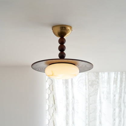 Wood and Alabaster Flush-Mount LED Ceiling Light 14 in Diameter, 36W 3000K for Kitchen Dining Room Bedroom