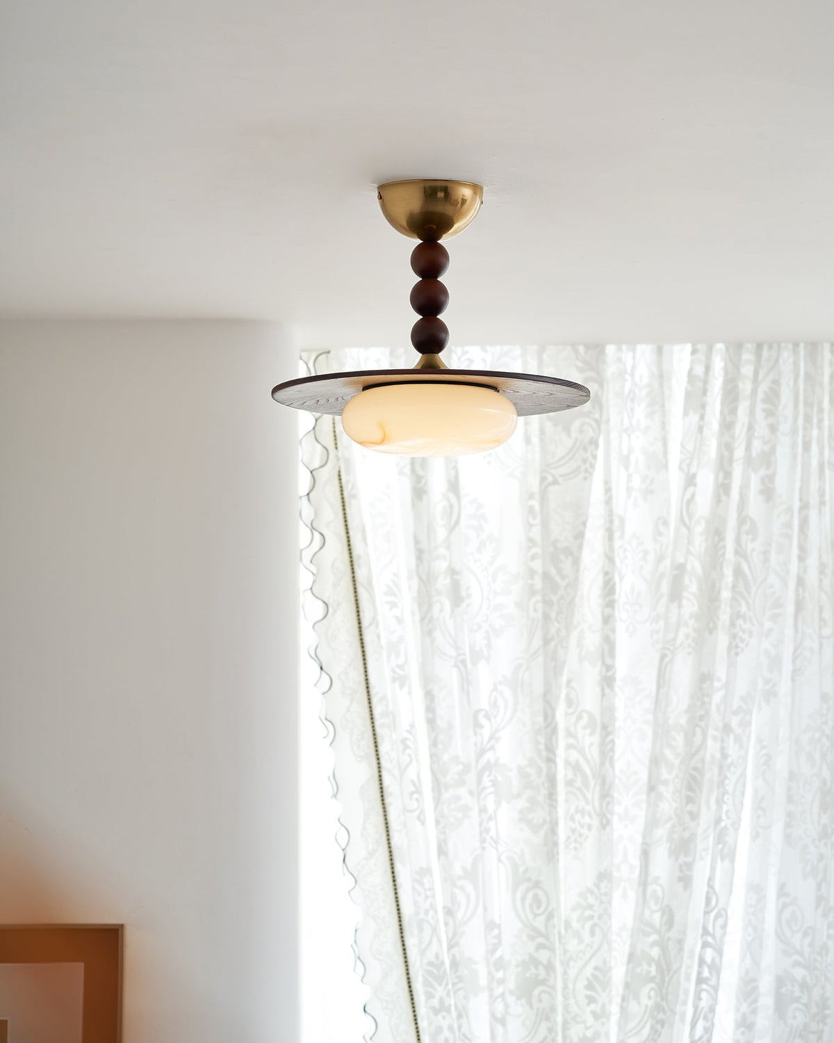 Wood and Alabaster Flush-Mount LED Ceiling Light 14 in Diameter, 36W 3000K for Kitchen Dining Room Bedroom