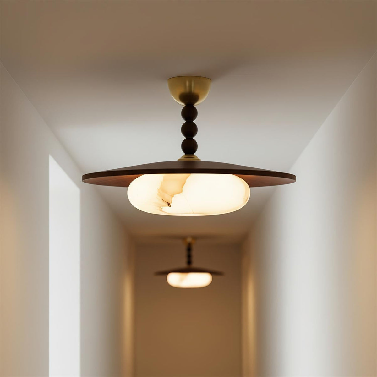 Wood and Alabaster Flush-Mount LED Ceiling Light 14 in Diameter, 36W 3000K for Kitchen Dining Room Bedroom
