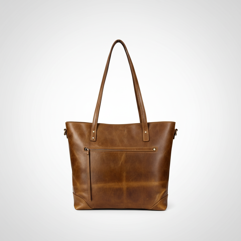 Vintage Leather Tote Bag | Large Zippered Handbag with Adjustable Strap | Stylish Everyday Carry for All Essentials