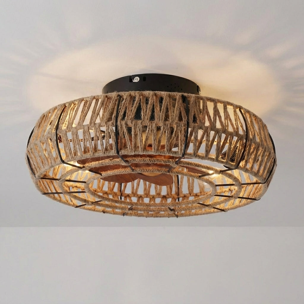 Handwoven Rattan Ceiling Fan with Light 19 Inch Bohemian Farmhouse Airflow Fixture for Bedroom Dining Room Warm Ambient Lighting Natural Tex