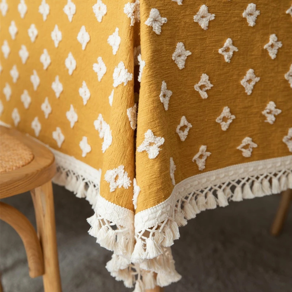 Viora Tablecloth - Cotton Blend, Embroidered with Tassel Detail