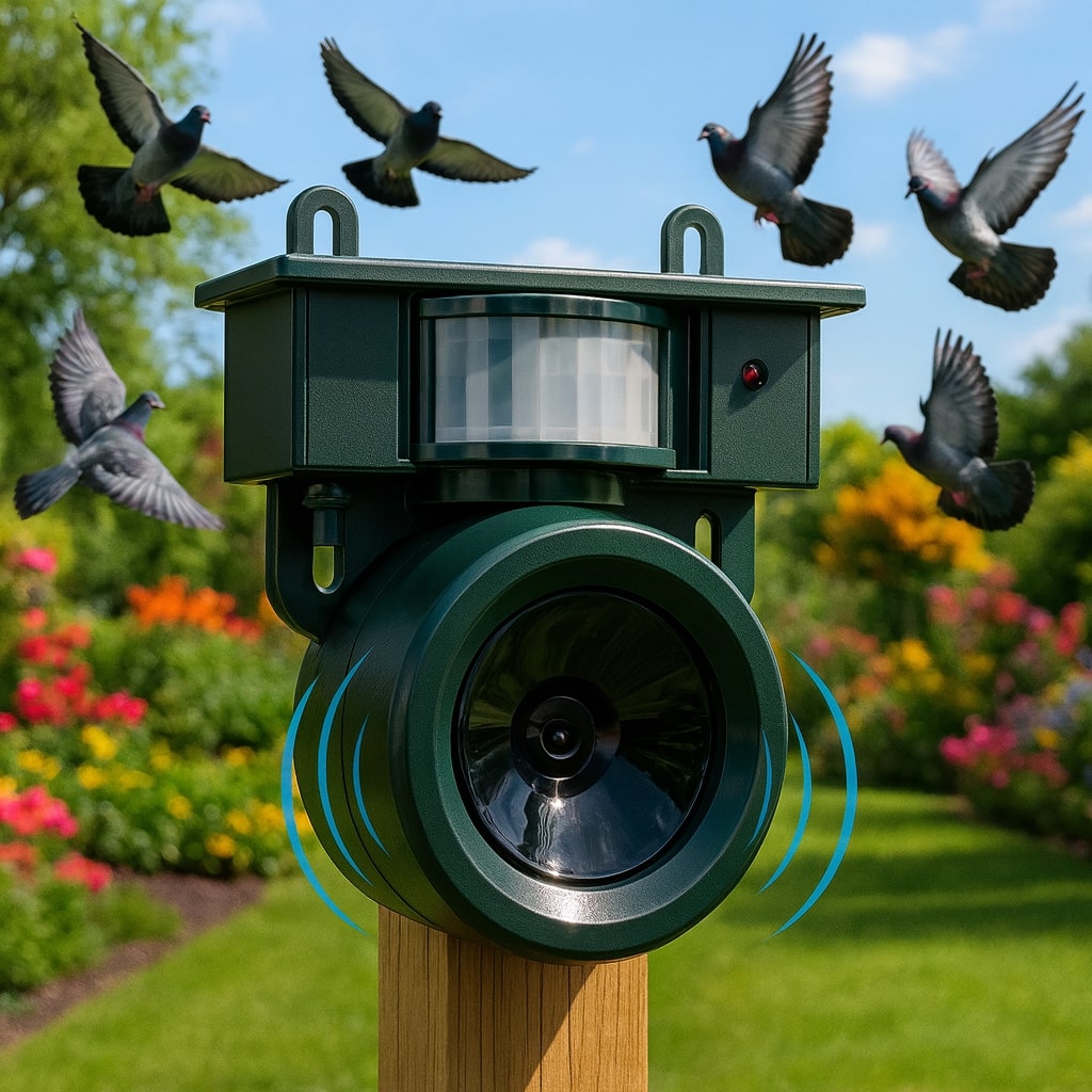 Solar-Powered Bird Deterrent with Motion Sensor and Predator Calls for Yard, Patio, and Roof Protection