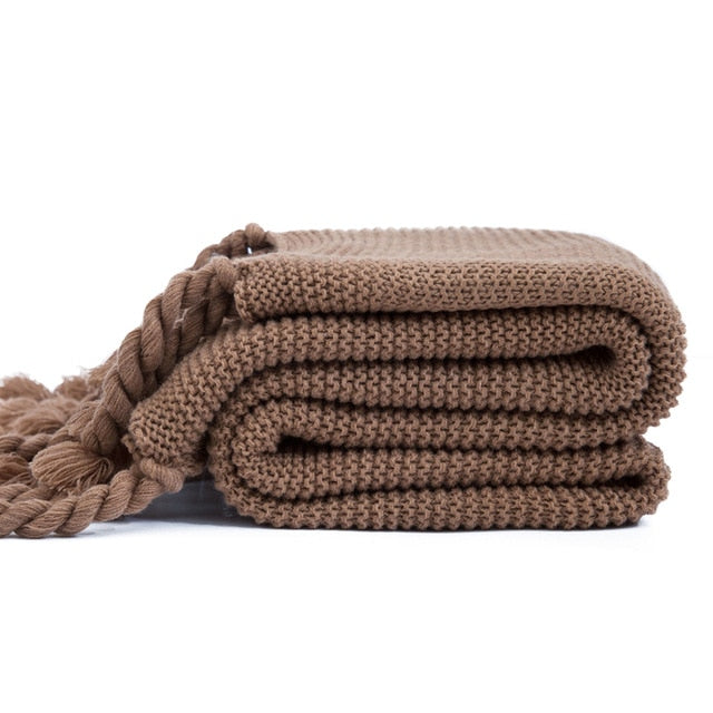 Waffle Knit Throw Blanket with Knotted Tassels – Soft and Warm Acrylic Blanket