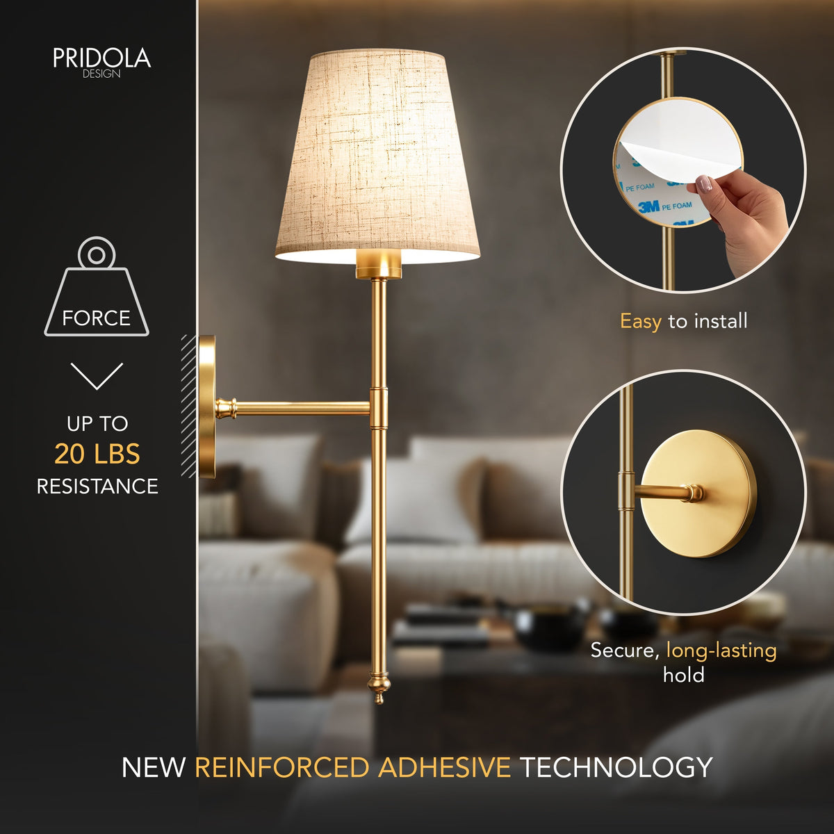 Rechargeable Sconce Set of 2 with Remote – Gold Metal & Linen Fabric, Dimmable RGB & White Light, 20 in Height