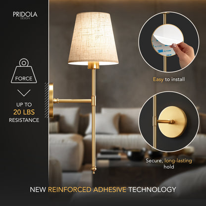 Rechargeable Sconce Set of 2 with Remote – Gold Metal & Linen Fabric, Dimmable RGB & White Light, 20 in Height
