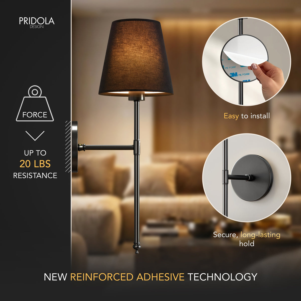 Cordless Rechargeable Sconce Pair 20 Inch Gold & Black Fabric Remote RGB Dimming for Bedside Nightstand Hallway Ambient Uplight Portable Bat