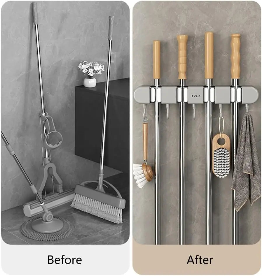 Garage Storage Rack With 4 Grips 5 Hooks For Brooms Mops Tools 13 Inch Stainless Steel Utility Organizer For Workshop Kitchen Laundry Room