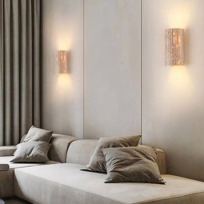 Stone Textured Half-Cylinder LED Indoor Sconce – Travertine Wall Fixture for Bedroom Hallway Living Room – Hardwired E27 Socket 9W Warm Glow