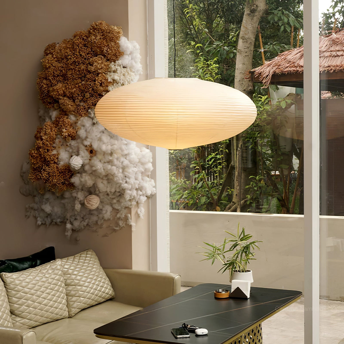 Handmade Rice Paper Sphere Pendant Lamp for Dining Room & Bedroom | Sculptural Ceiling Fixture with Adjustable Cord | E26 Edison Bulb Compat