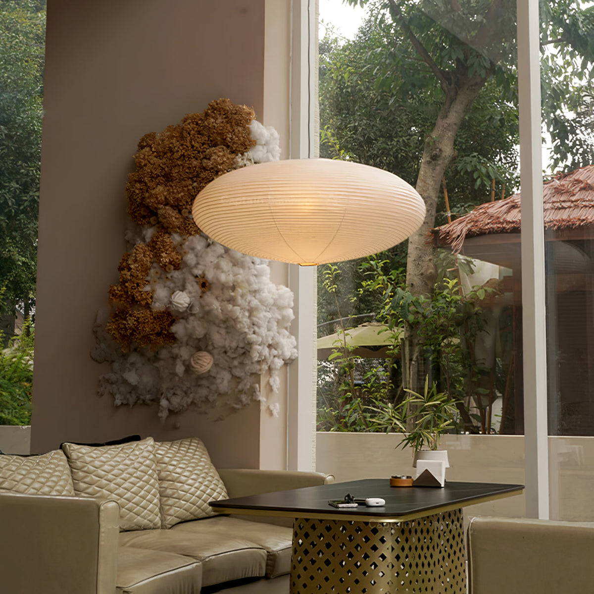Handcrafted Paper Shade Ceiling Light with Adjustable Cord White Hanging Fixture for Bedroom Living Room Kitchen Dining Modern Indoor Lamp