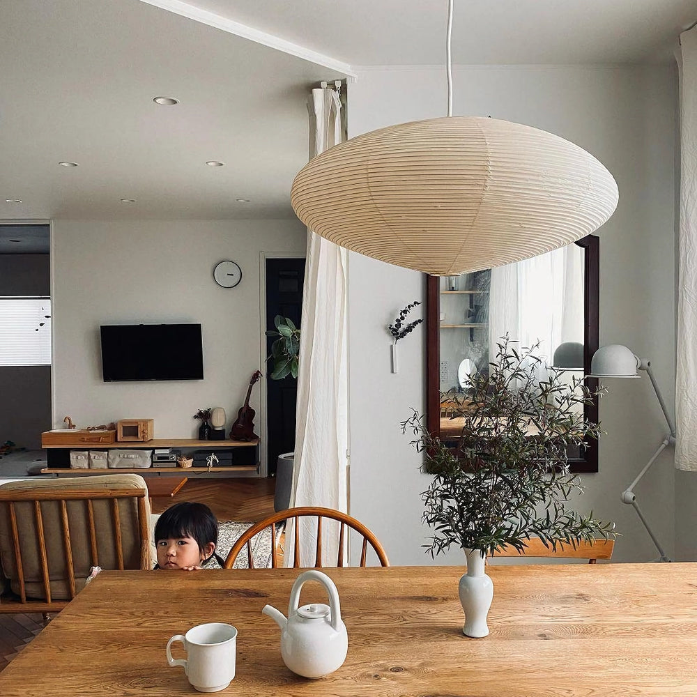 Handcrafted Paper Shade Ceiling Light with Adjustable Cord White Hanging Fixture for Bedroom Living Room Kitchen Dining Modern Indoor Lamp