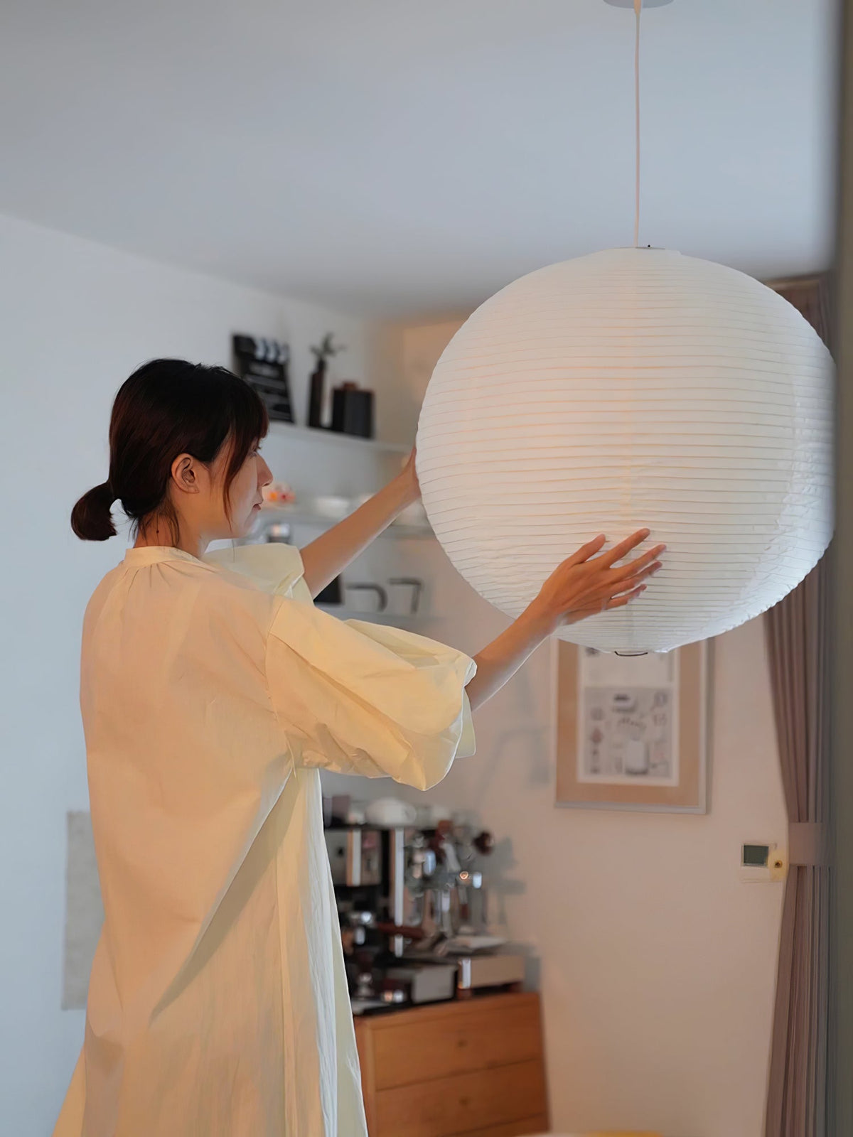 Handmade Paper Globe Drop Light for Kitchen Island & Dining Room – Adjustable Cable, E26 Socket, Soft Ambient Glow – Modern Overhead Fixture