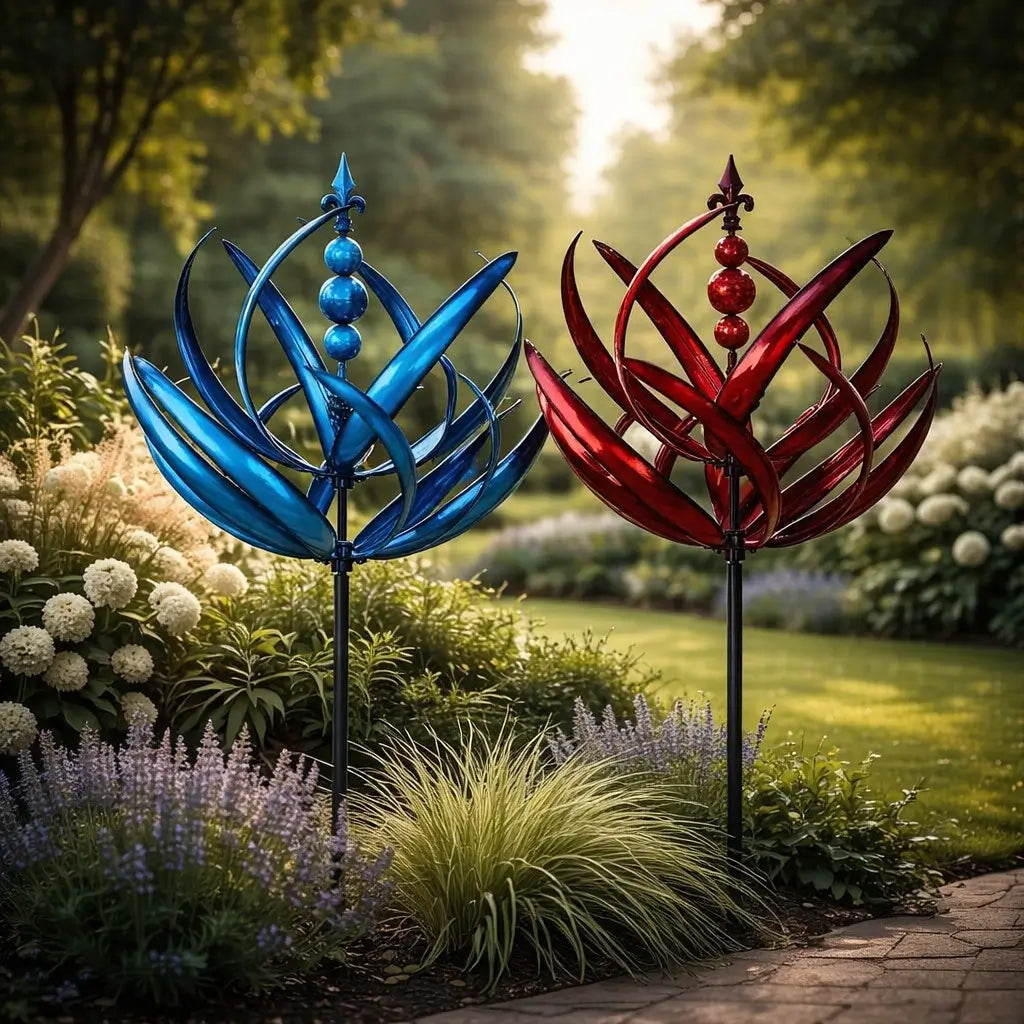 Metal Garden Wind Spinner Kinetic Yard Sculpture Dual-Spin Weather Vane Ornament Outdoor Lawn Stake Flower Petal Rotating Art for Patio Yard