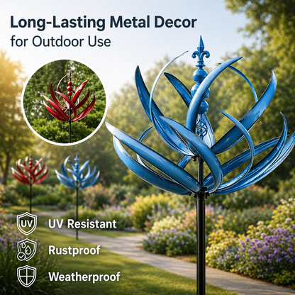 Rotating Lotus Metal Garden Wind Spinner for Outdoor Yard Decor 35 in Tall Dual-Motion Weatherproof Stake