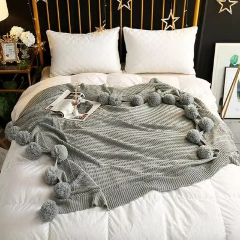 Whimsy Throw Blanket - Soft Microfiber, Knitted Pom-Pom Design