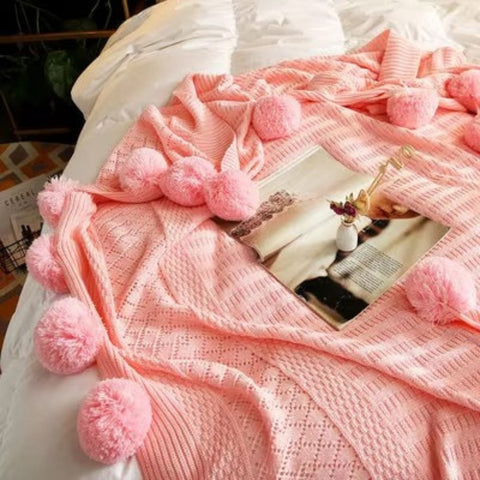Whimsy Throw Blanket - Soft Microfiber, Knitted Pom-Pom Design