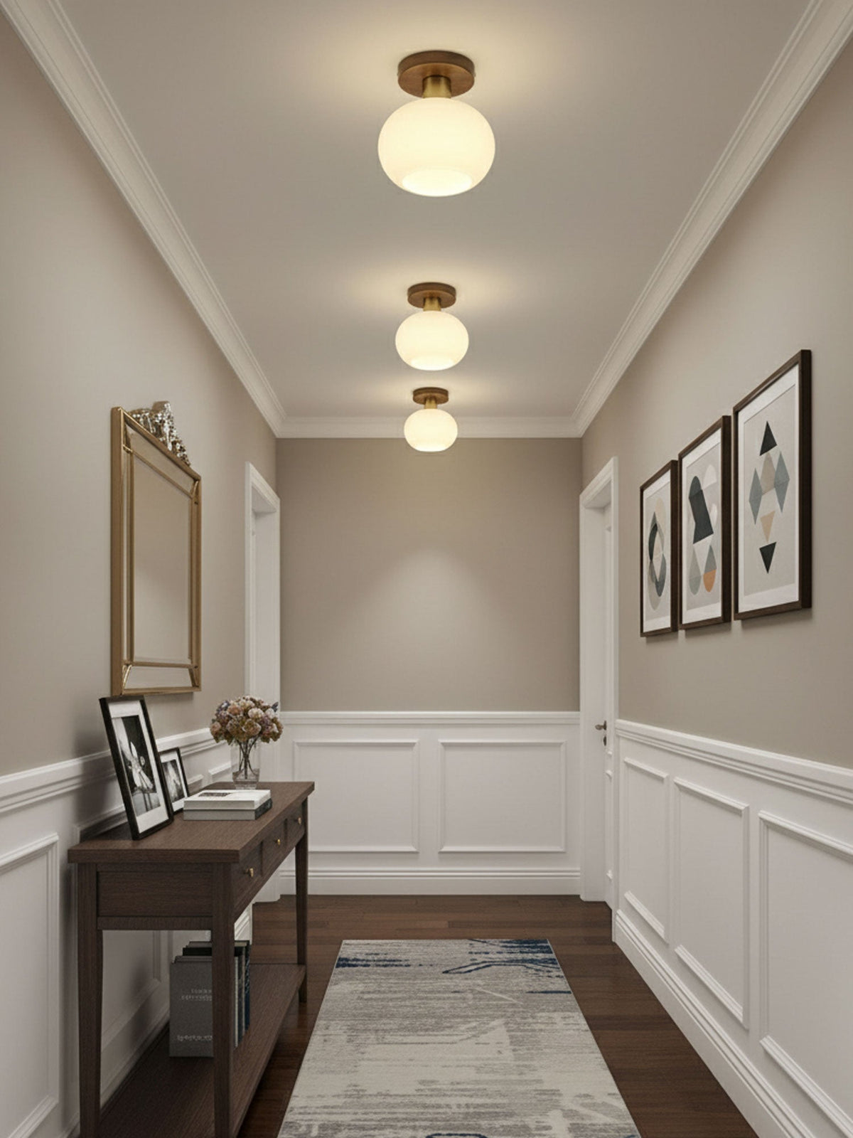 Flush Mount Globe Light with Walnut Base and Copper Accents for Bedroom, Entryway, or Low Ceilings – E27 Socket, Opal White Glass Shade