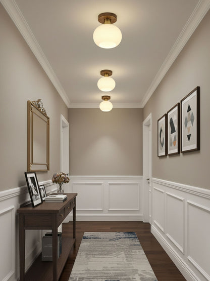 Flush Mount Globe Light with Walnut Base and Copper Accents for Bedroom, Entryway, or Low Ceilings – E27 Socket, Opal White Glass Shade