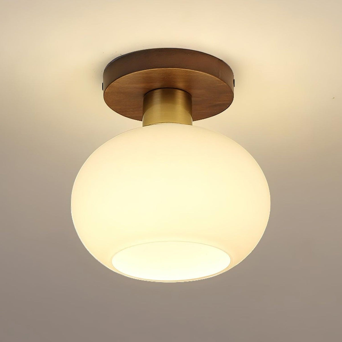 Flush Mount Globe Light with Walnut Base and Copper Accents for Bedroom, Entryway, or Low Ceilings – E27 Socket, Opal White Glass Shade