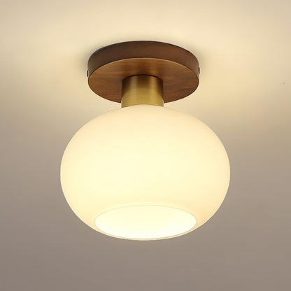 Flush Mount Globe Light with Walnut Base and Copper Accents for Bedroom, Entryway, or Low Ceilings – E27 Socket, Opal White Glass Shade
